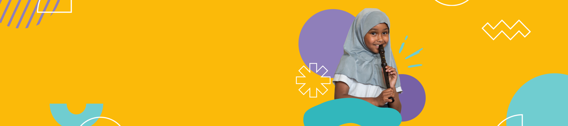 A yellow banner with a photo of a young girl playing recorder.